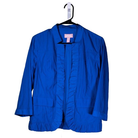 Chico's Women's Jacket Blue Open Front Ruffle Pockets 3/4 Sleeve Size 0 US S/4 - Picture 1 of 8